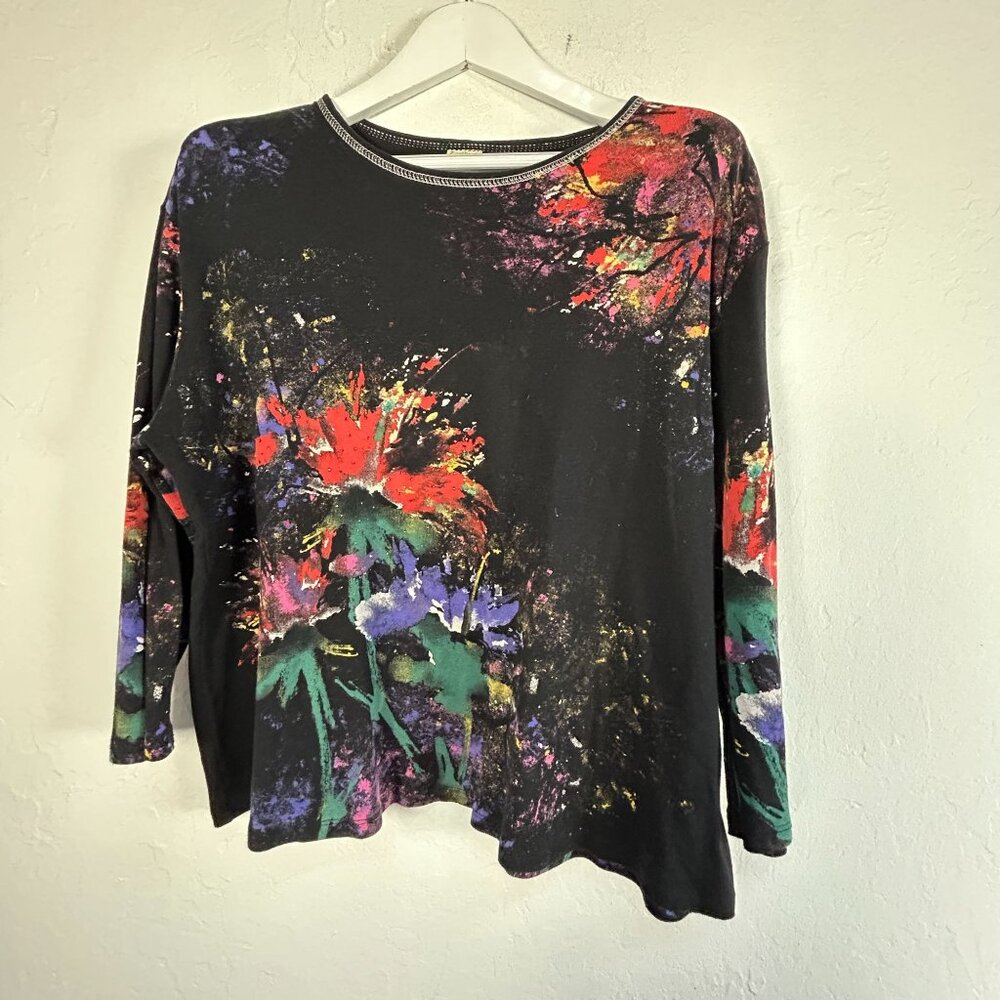 Jess & Jane Womens 3/4 Sleeve Floral Print Flora Poems Top 2X Black Rhinestones